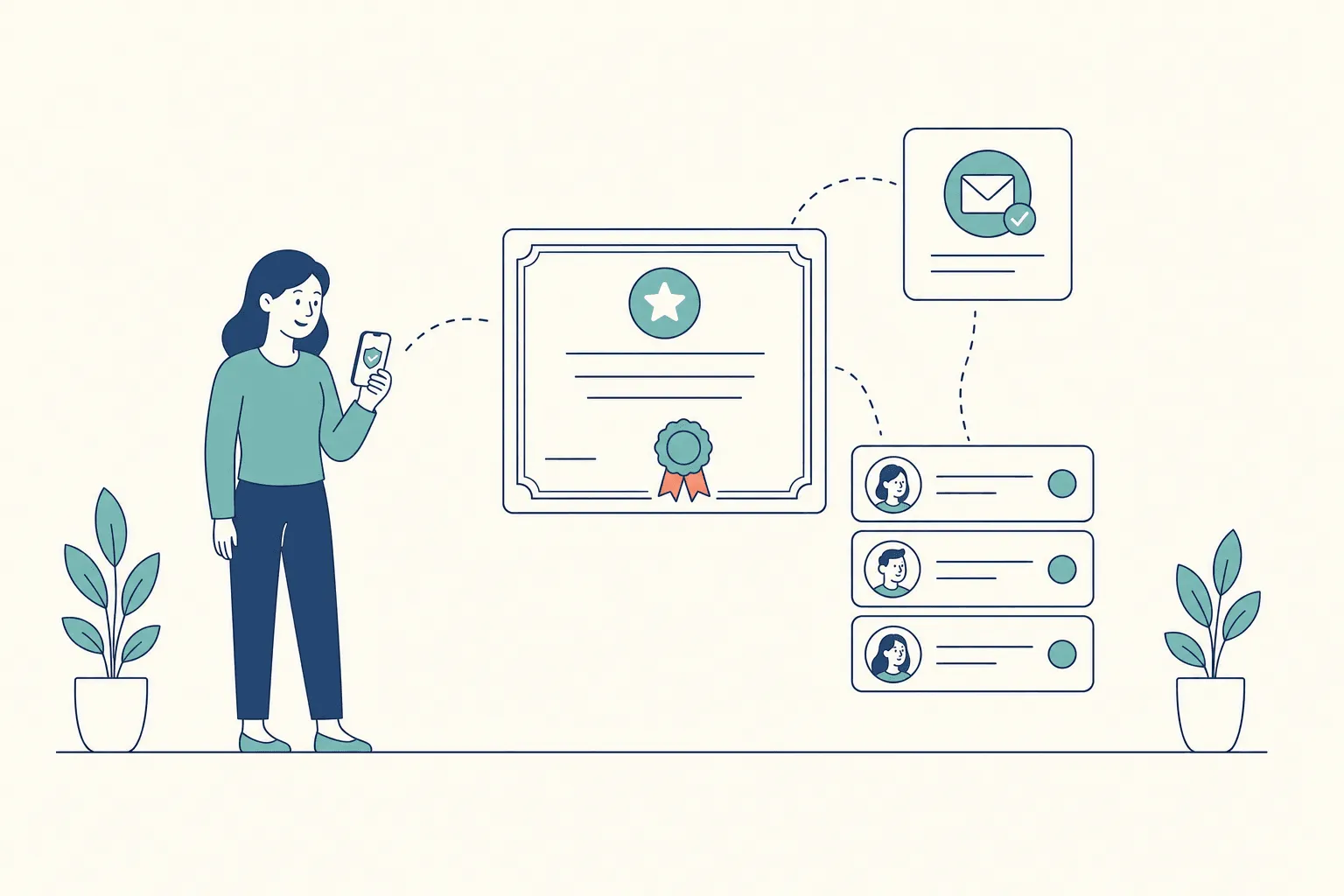 A woman holding a phone showing a verified credential, linked by dashed arcs to a large certificate with a teal seal, which connects to an email card with a checkmark and a stacked list of three contact records