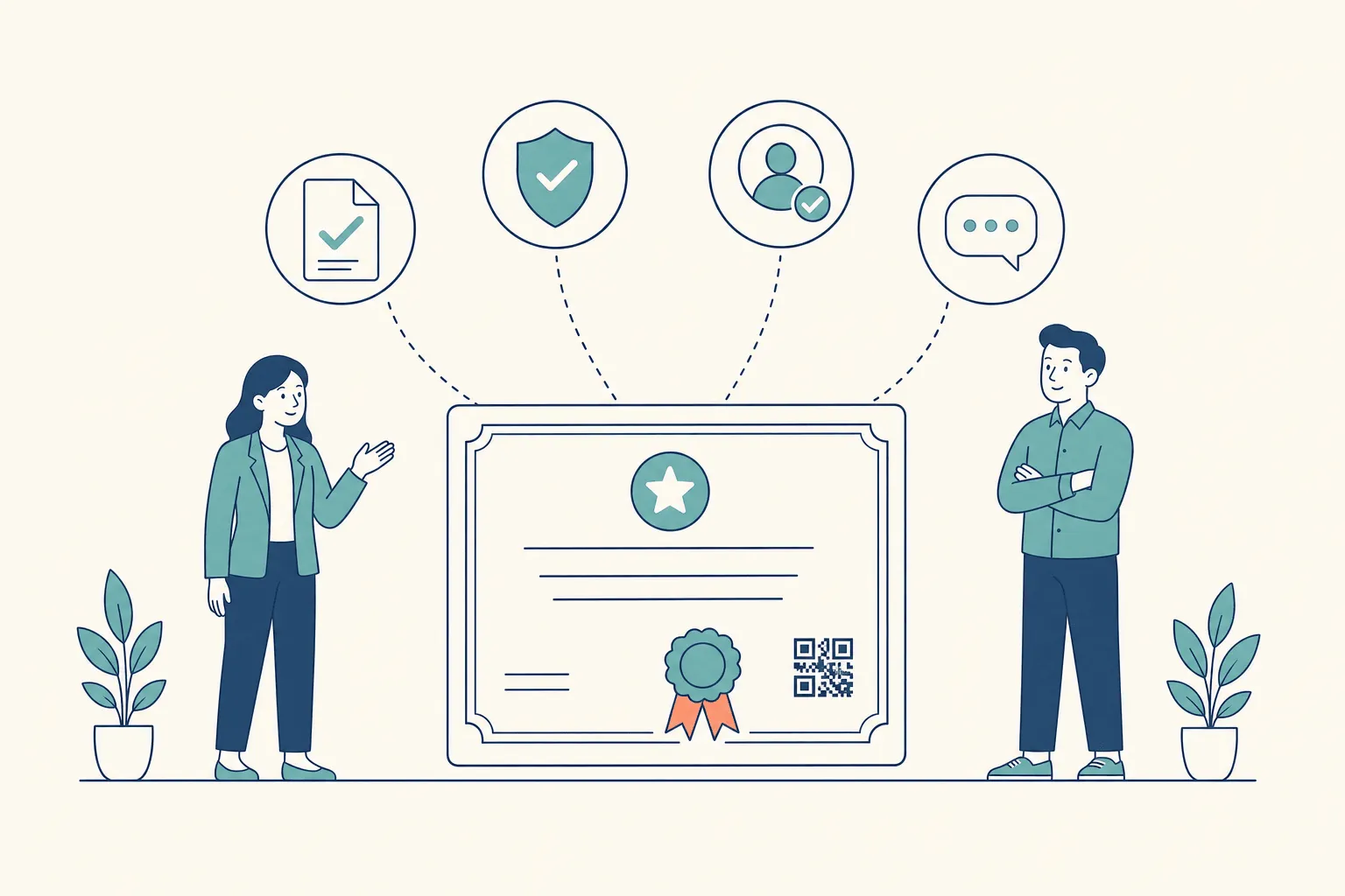 A large certificate with a teal seal, a coral rosette, and a QR code, linked by dashed arcs to four round icons — a ticked document, a verification shield, a checked learner profile, and a speech bubble — with an instructor gesturing toward it and a colleague looking on