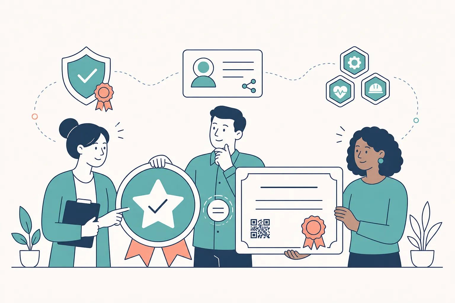 Three colleagues comparing a round digital badge and a formal certificate, with a professional profile, verification shield, and stackable badge icons
