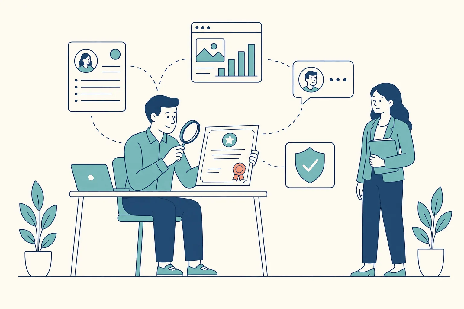 A hiring manager at a desk examining a certificate through a magnifying glass, linked by dashed arcs to a résumé card, a portfolio card with a bar chart, an interview speech bubble, and a verification shield, while a candidate holding a folder waits nearby