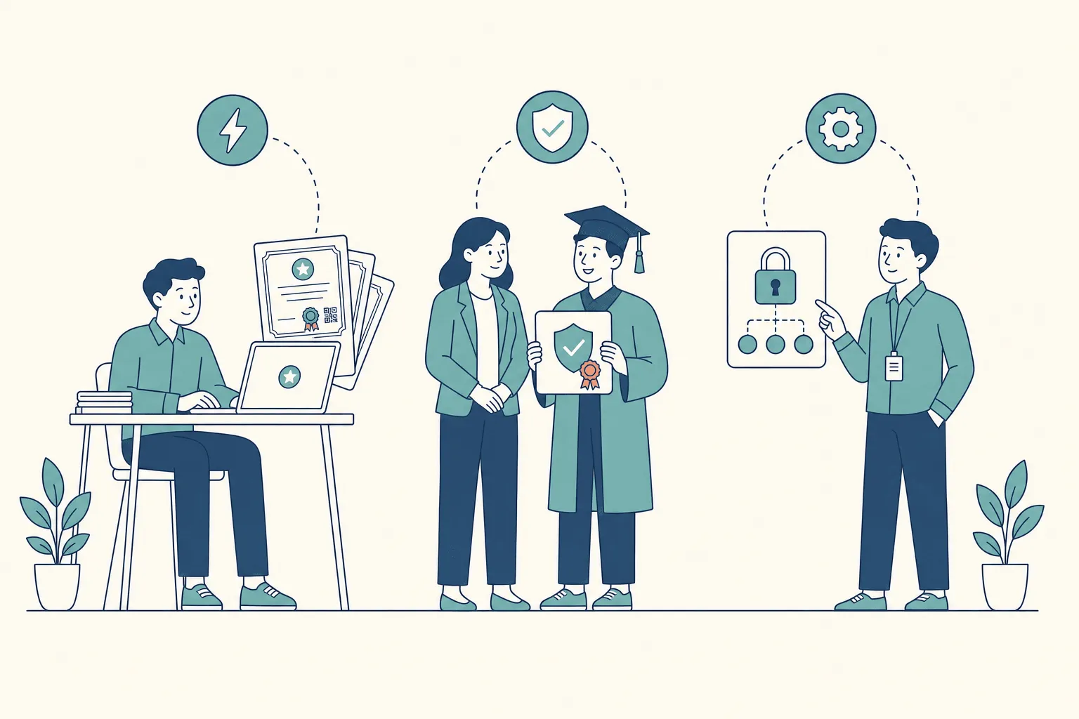 Three issuers standing on one ground line — a bootcamp instructor at a laptop sending a stack of certificates, a university registrar beside a graduate in a mortarboard holding a shield-verified credential, and a corporate learning manager with a padlock and a connected-systems card — each linked by dashed arcs to the capabilities they need most