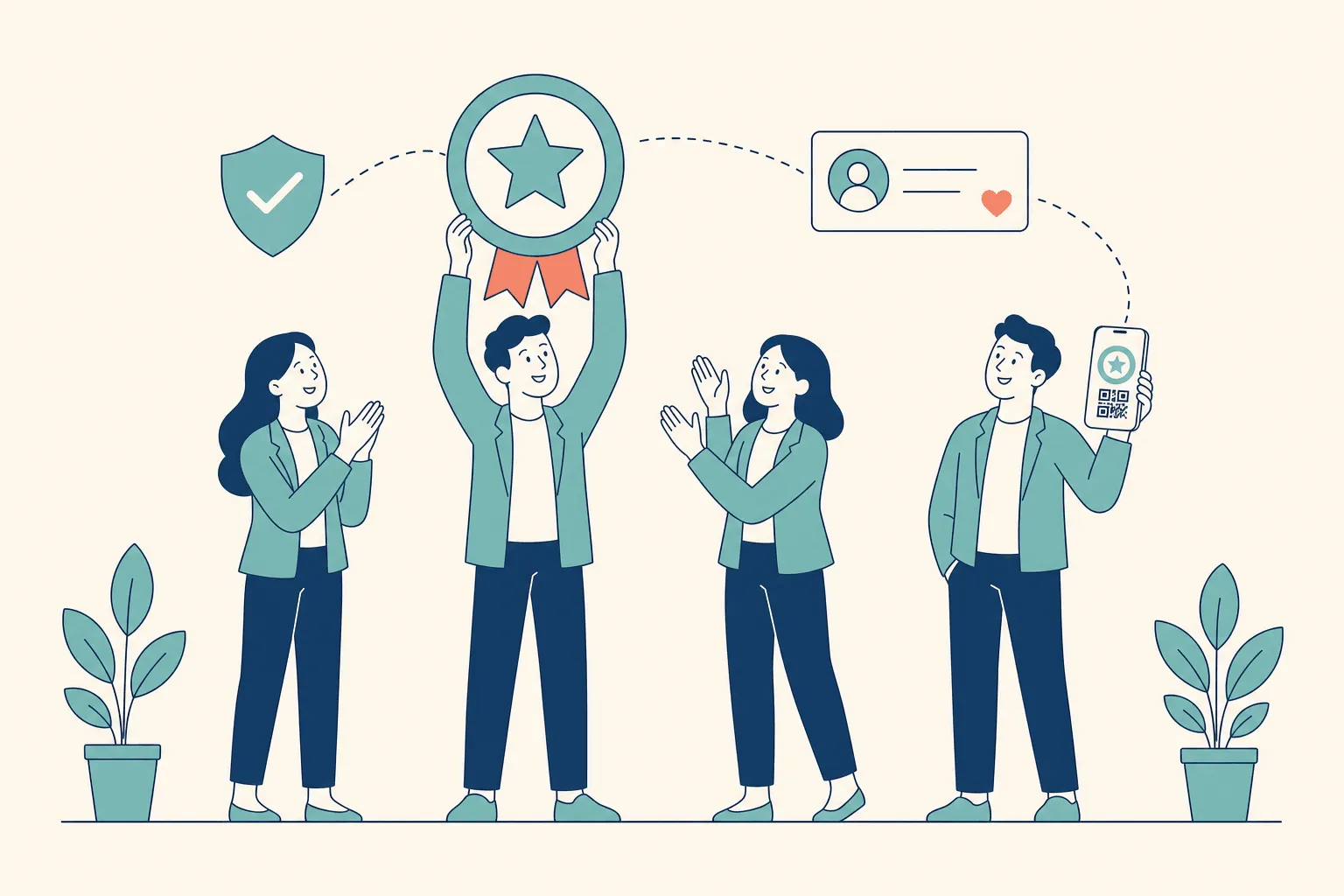 A colleague holding a round digital badge aloft while two others applaud, beside a verified shield, a profile card, and a fourth person checking the same badge and its QR code on a phone