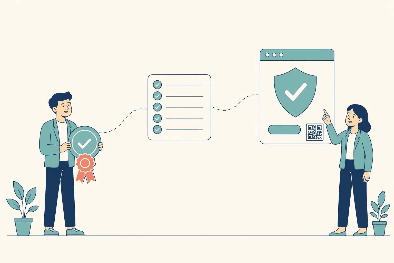 A person holding a round badge linked by a dashed line to a metadata checklist card, which in turn connects to a browser window showing a verified shield, a status pill, and a QR code