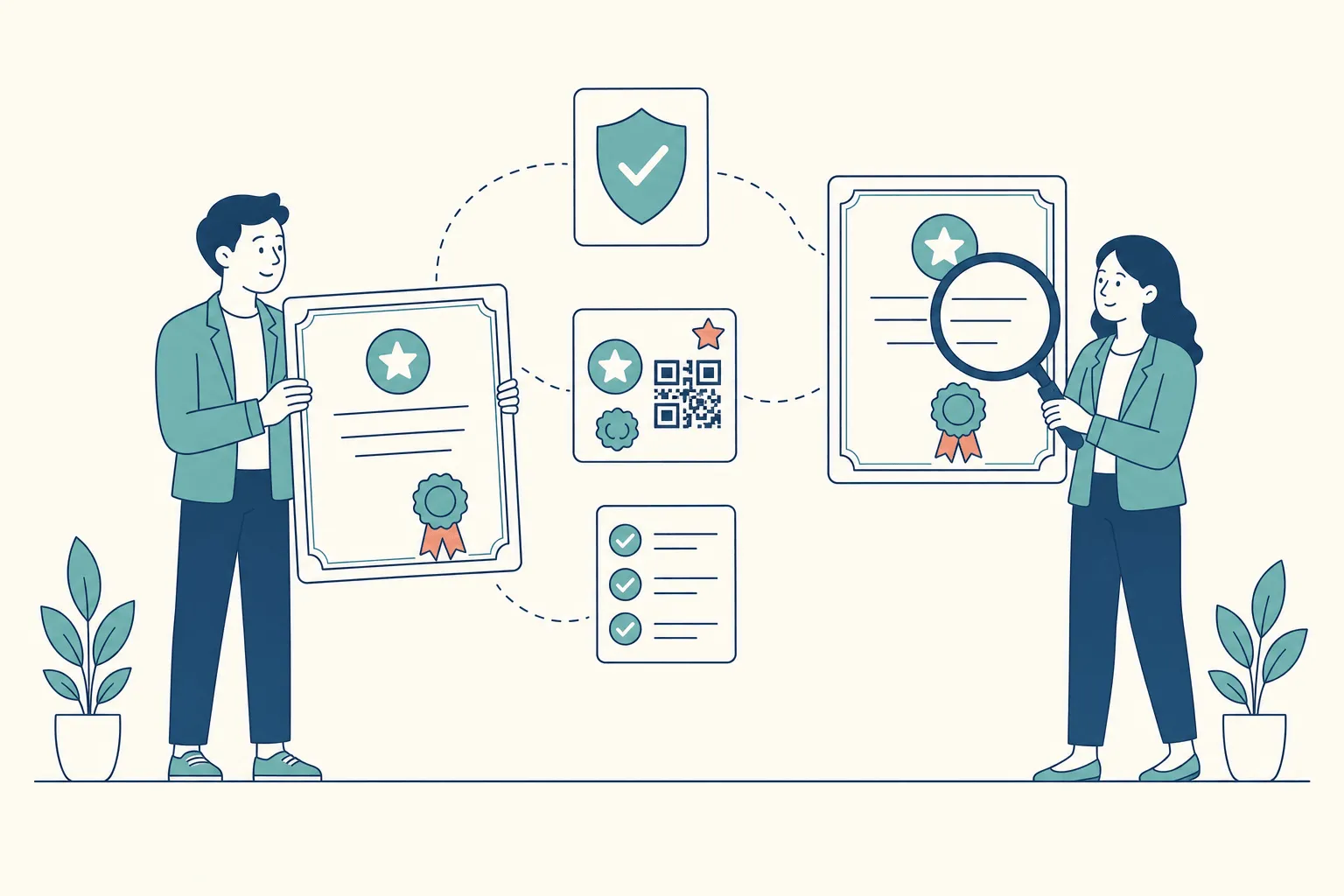 A professional holding up a certificate with a teal seal and a coral rosette while a hiring manager inspects a copy through a magnifying glass, linked by dashed arcs to a verification shield, a QR code card, and a ticked checklist