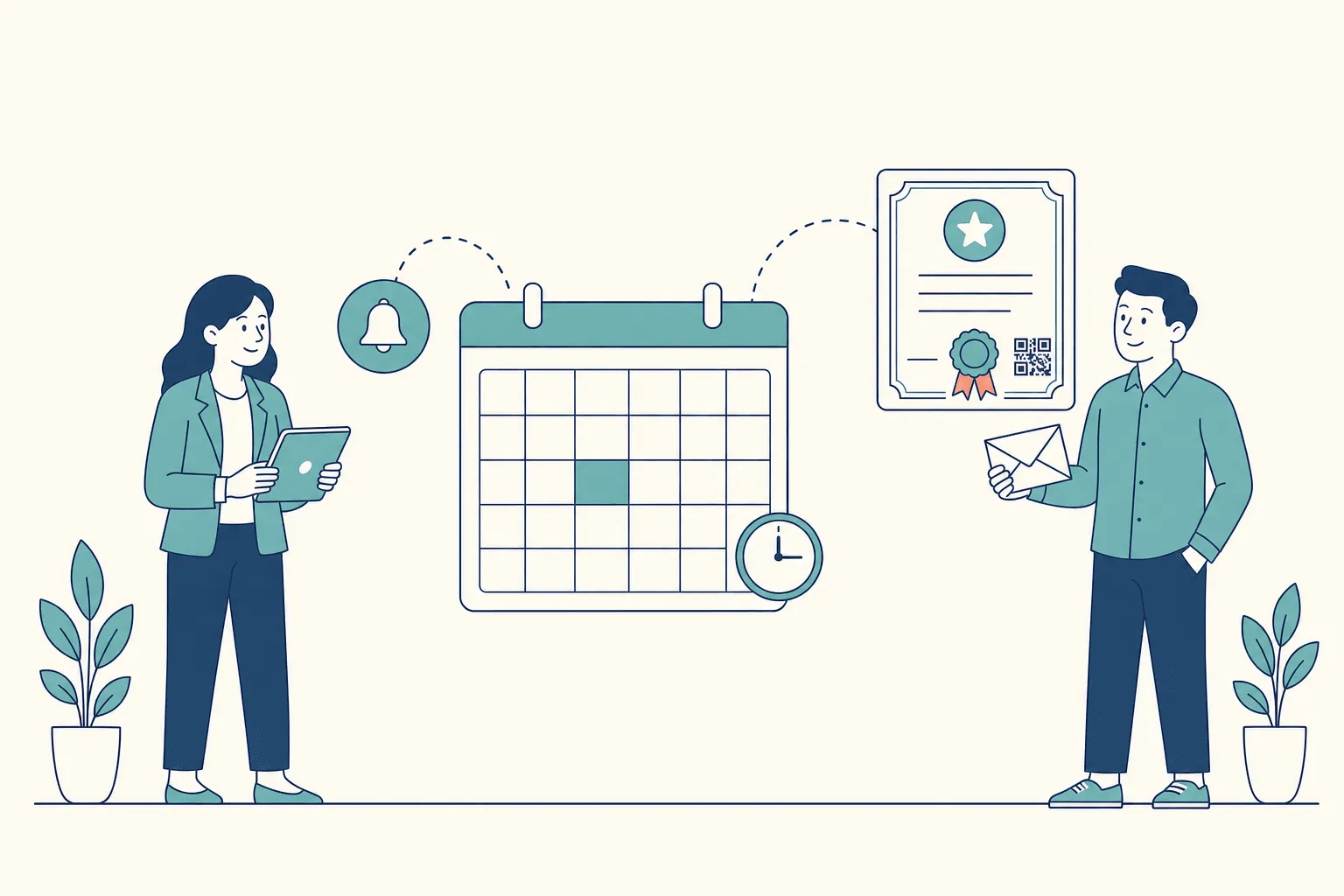 A training manager holding a tablet beside a large calendar with one highlighted day and a clock, linked by dashed arcs to a bell icon and to a certificate with a teal seal, with a colleague on the right holding an envelope