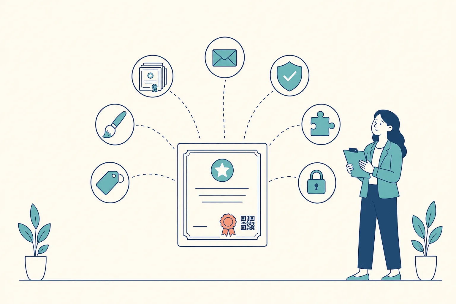 Seven round icon cards arranged in an arc around a central certificate — a paintbrush, a stack of certificates, an envelope, a shield with a checkmark, a puzzle piece, a padlock, and a price tag — linked by dashed arcs, with an evaluator holding a clipboard