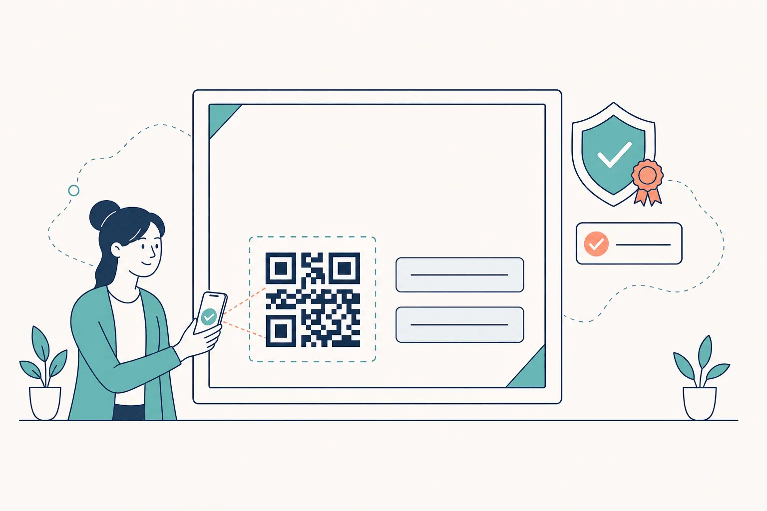 A certificate verification block showing a QR code inside a dashed quiet-zone boundary, two credential fields beside it, a phone scanning the code, and a verified shield badge