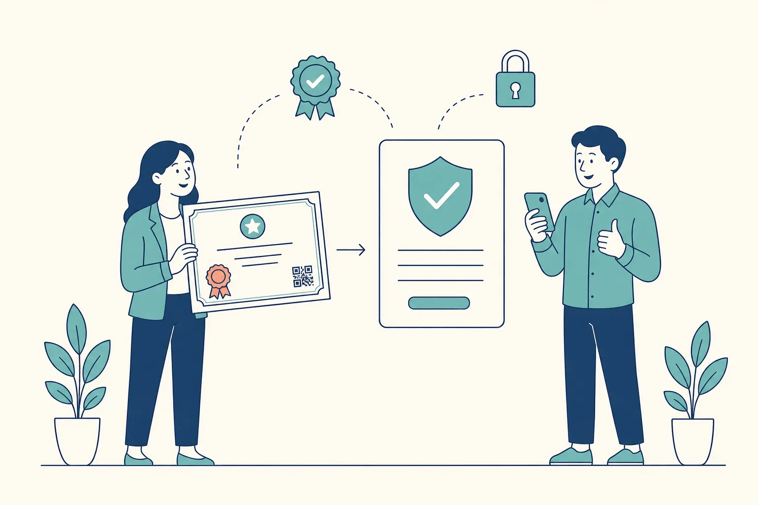 A woman holding a certificate with an award seal and a QR code, an arrow pointing to a verification card showing a shield with a checkmark, and a man confirming the credential on his phone