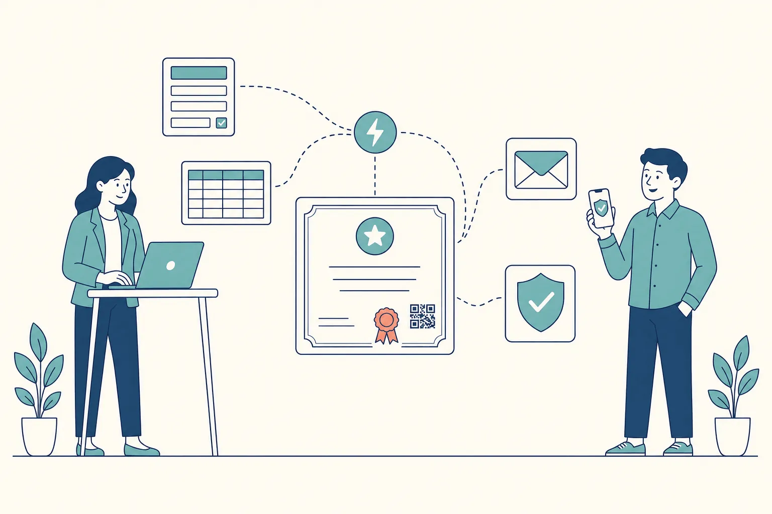 A training coordinator at a laptop with a form card and a spreadsheet card linked by dashed arcs through a lightning-bolt connector to a certificate with a teal seal and QR code, which links on to an email card and a verification shield, while a recipient holds a phone showing a verified credential