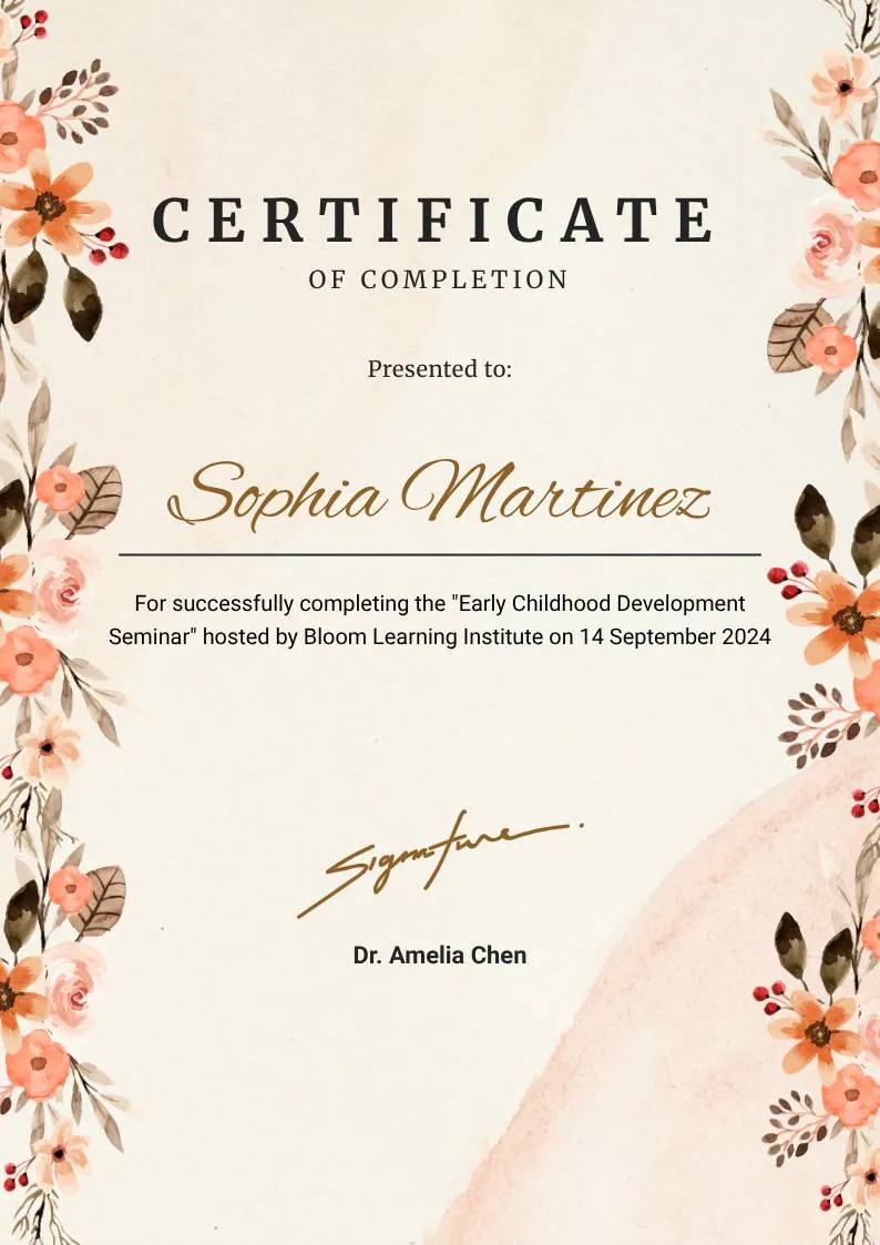 Beige Watercolor Floral Certificate of Completion — portrait preview