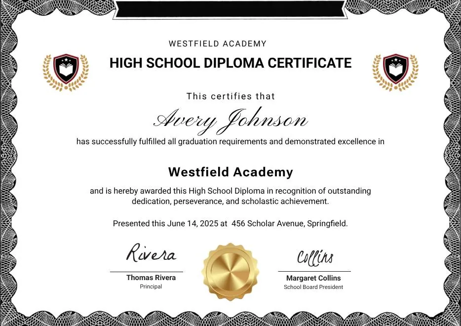 Black and White Modern High School Diploma Certificate
