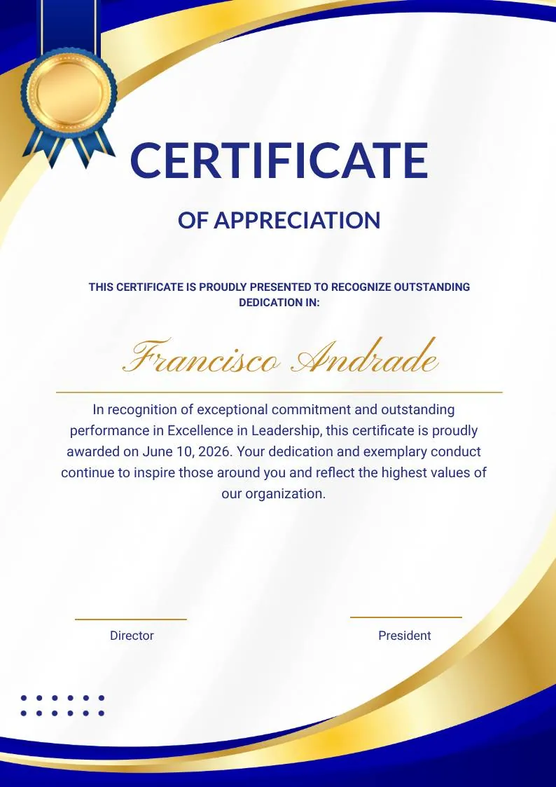 Blue and Gold Modern Certificate of Appreciation — portrait preview