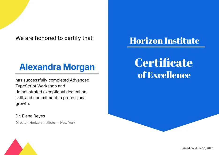 Blue and Yellow Modern Certificate of Excellence