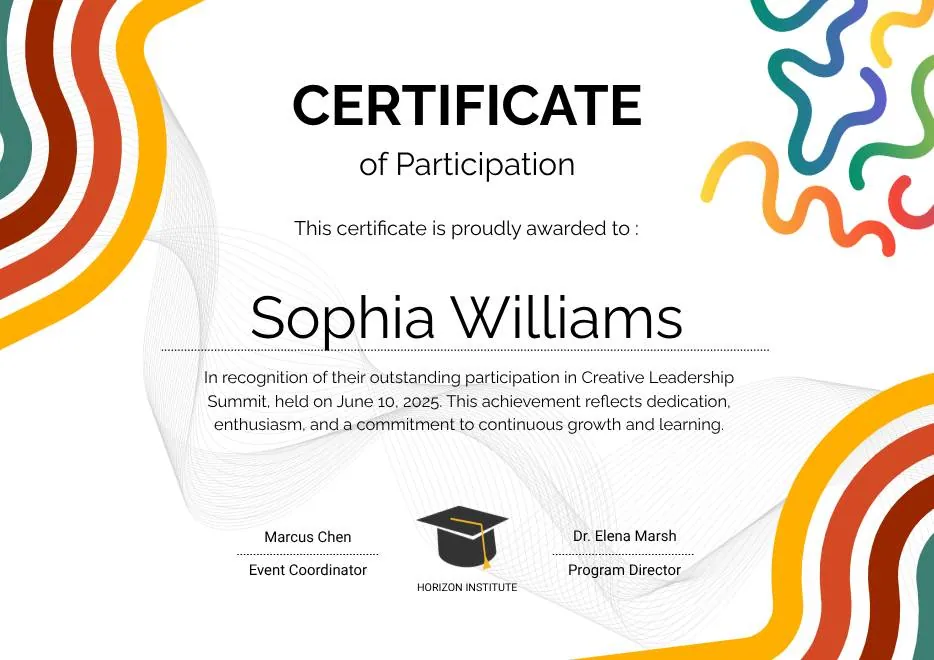 Colorful Abstract Waves Modern Participation Certificate thumbnail