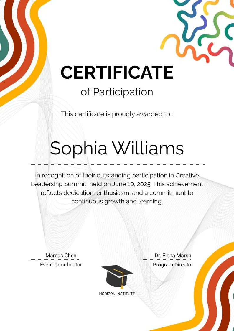Colorful Abstract Waves Modern Participation Certificate — portrait preview