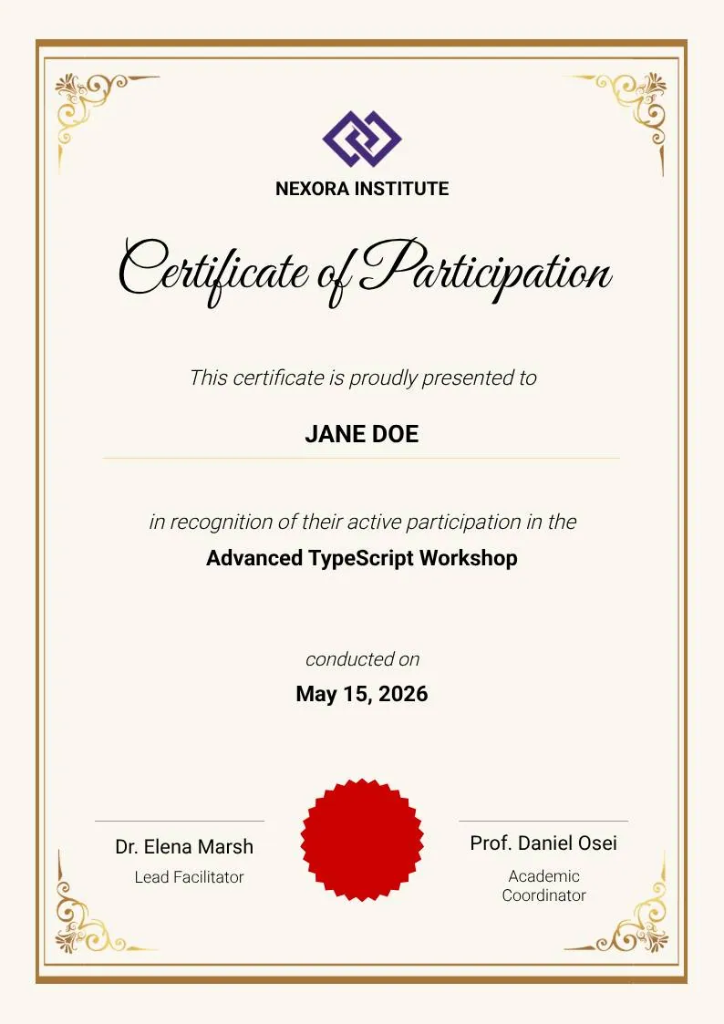 Gold Elegant Workshop Participation Certificate — portrait preview