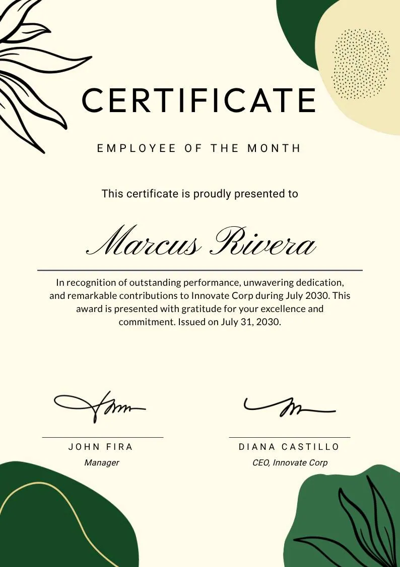 Green and Beige Botanical Employee of the Month Certificate — portrait preview