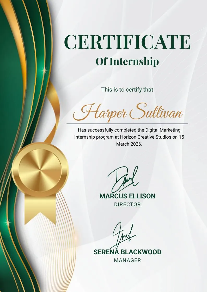 Green and Gold Elegant Internship Certificate — portrait preview