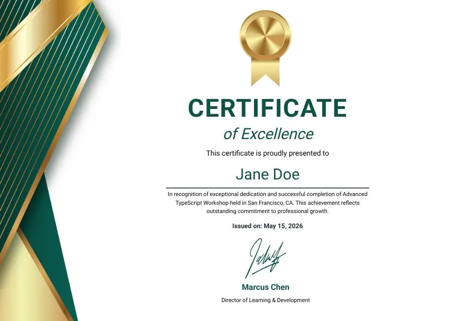 Green Gold and White Modern Excellence Certificate thumbnail