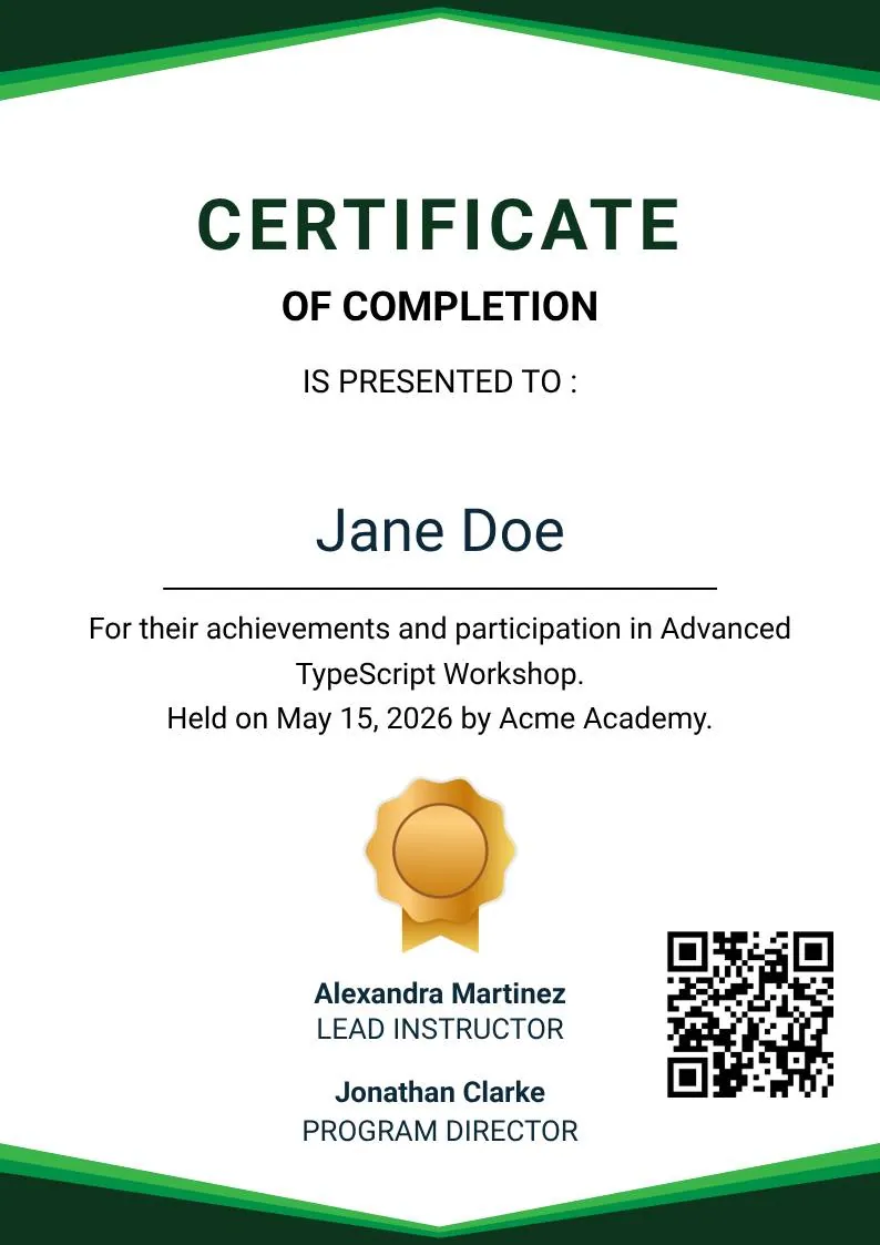 Green Modern Event Completion Certificate — portrait preview