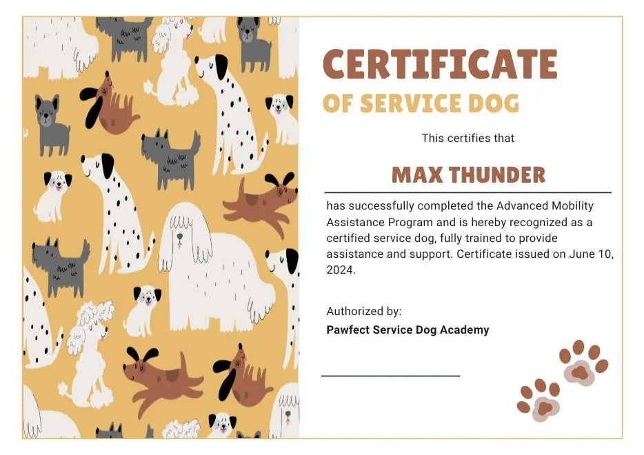 Tan White and Black Illustrated Service Dog Certificate thumbnail