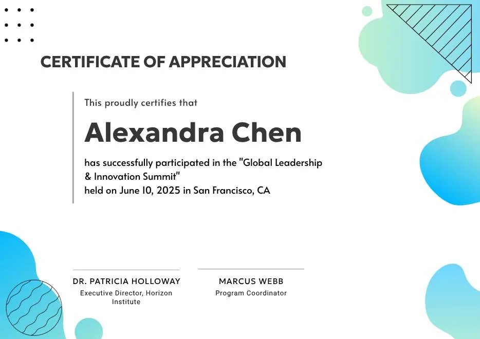 Certificate of Appreciation — Summit & Event Participation