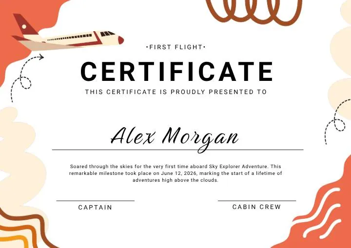 Orange and Brown Colorful Illustrated First Flight Certificate