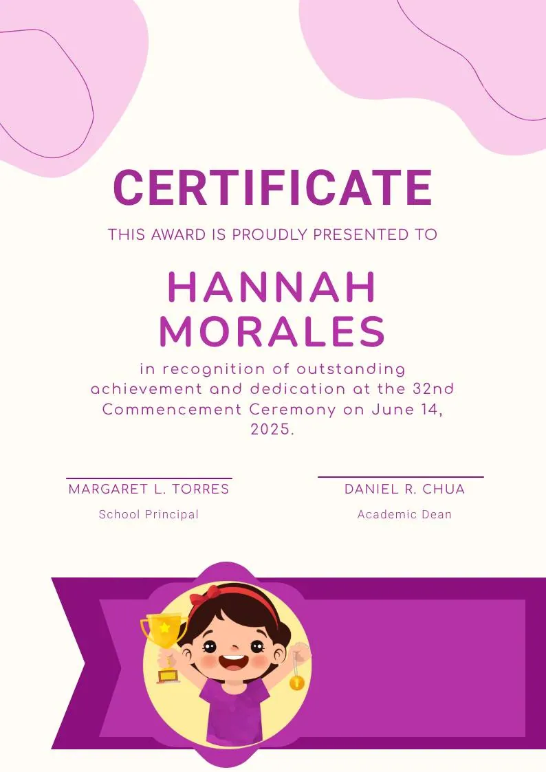 Purple Playfun Kids Award Certificate — portrait preview