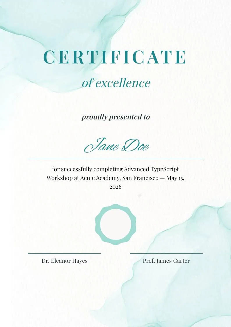 Teal Watercolor Elegant Certificate of Excellence — portrait preview
