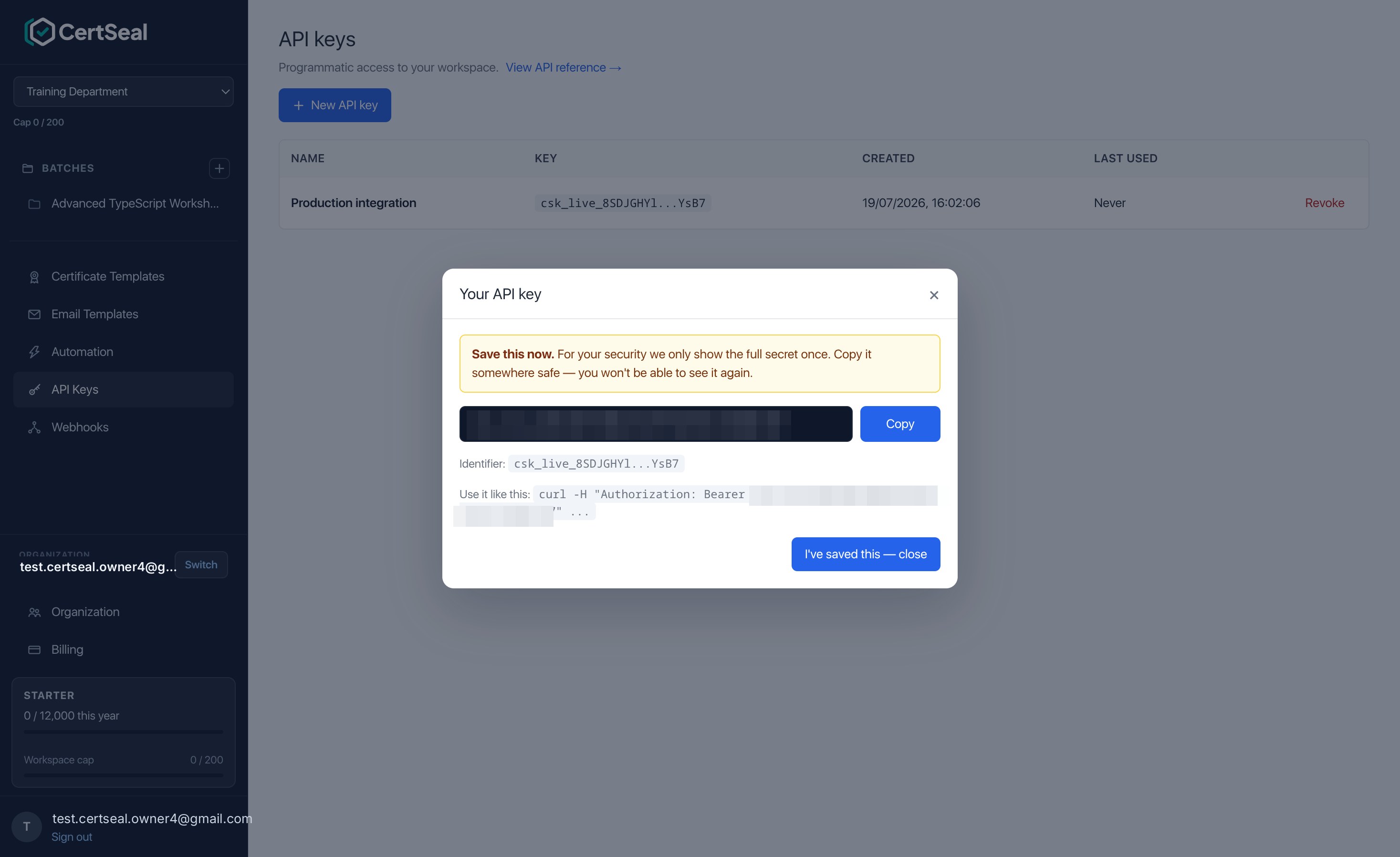 The Your API key dialog showing the full secret (blurred here), a Copy button, the masked identifier, and a curl usage example