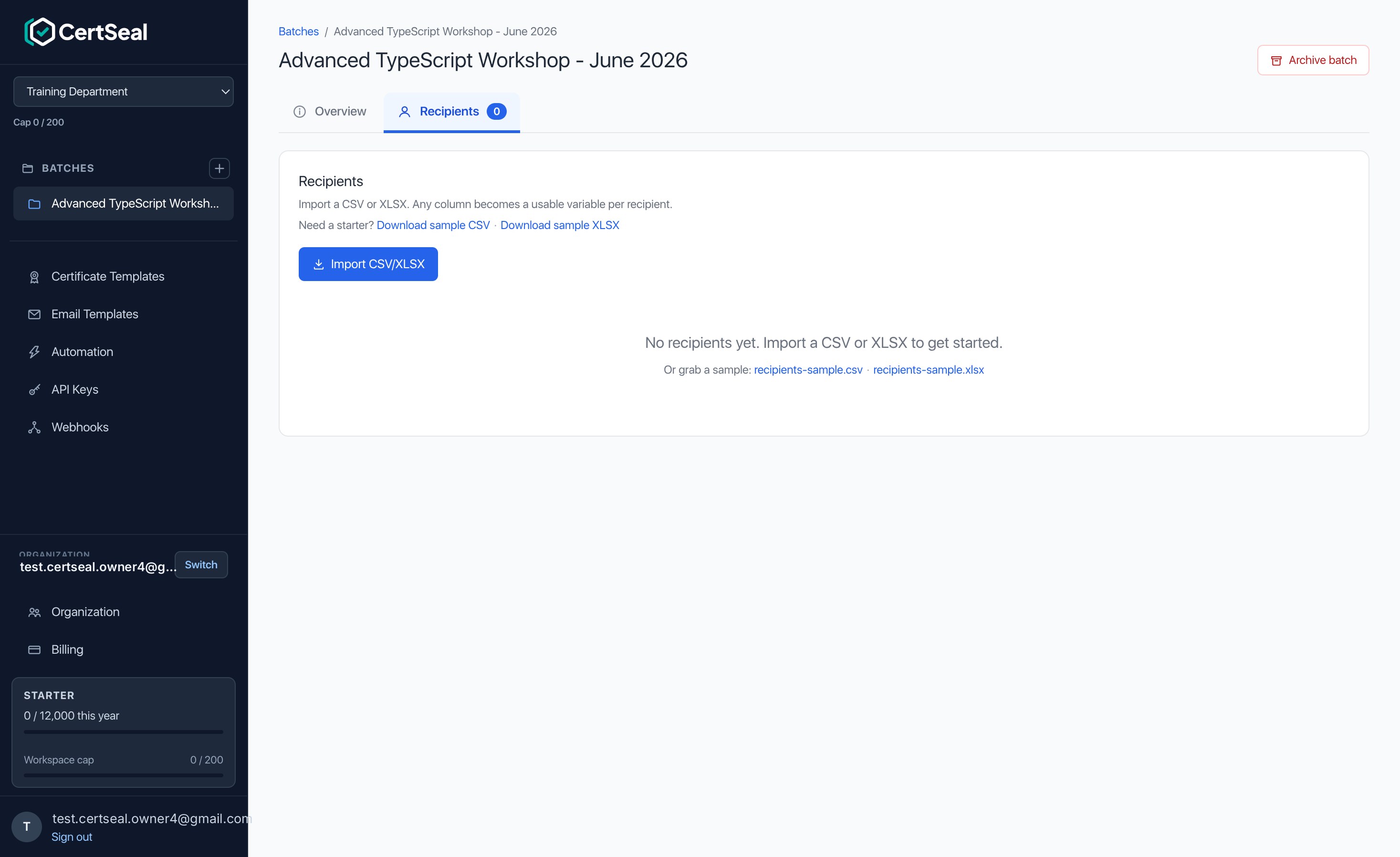 The Recipients tab empty state with an Import CSV/XLSX button and links to download sample files