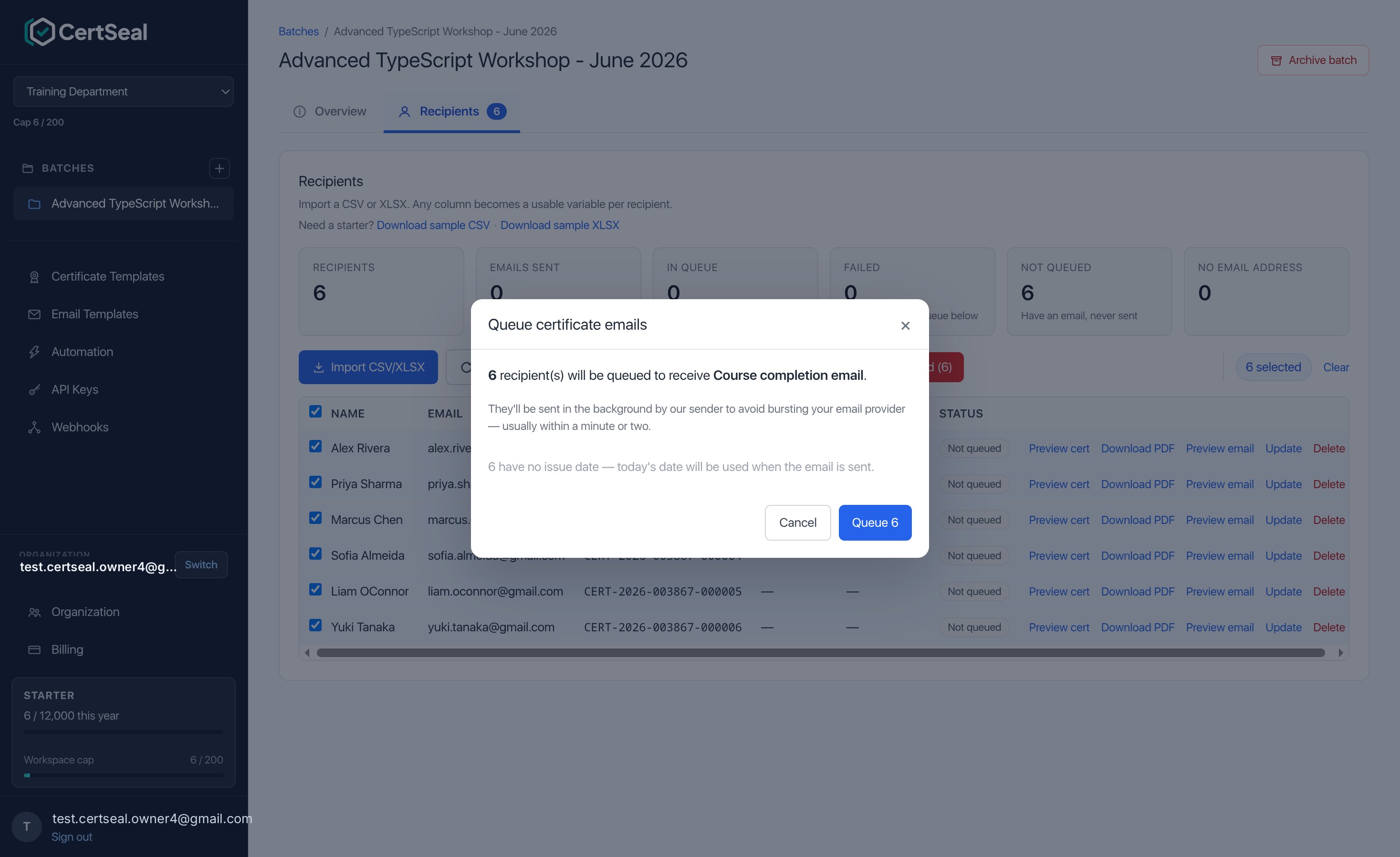 The Queue certificate emails confirmation dialog showing how many recipients will be queued with the chosen email template