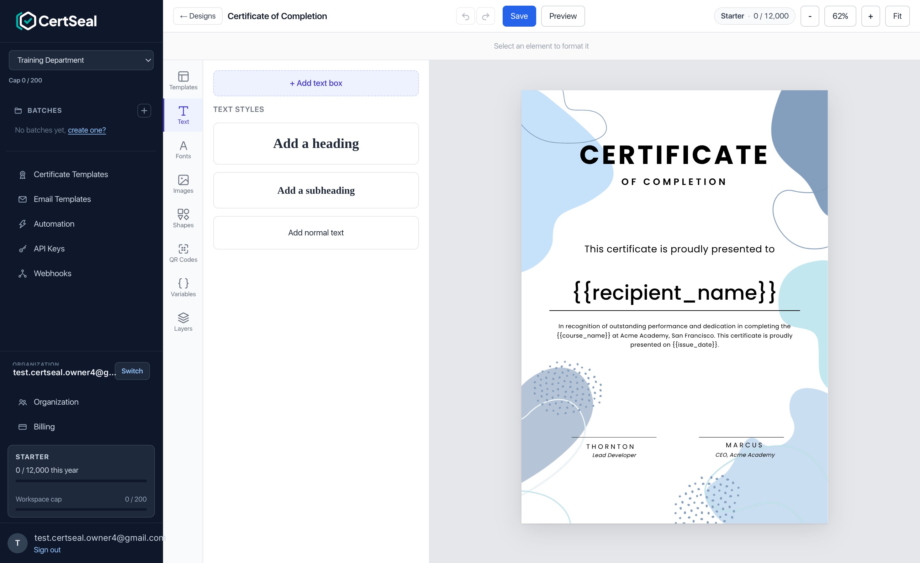 The CertSeal design editor showing the tools panel, a certificate on the canvas with dynamic fields, and Save and Preview buttons