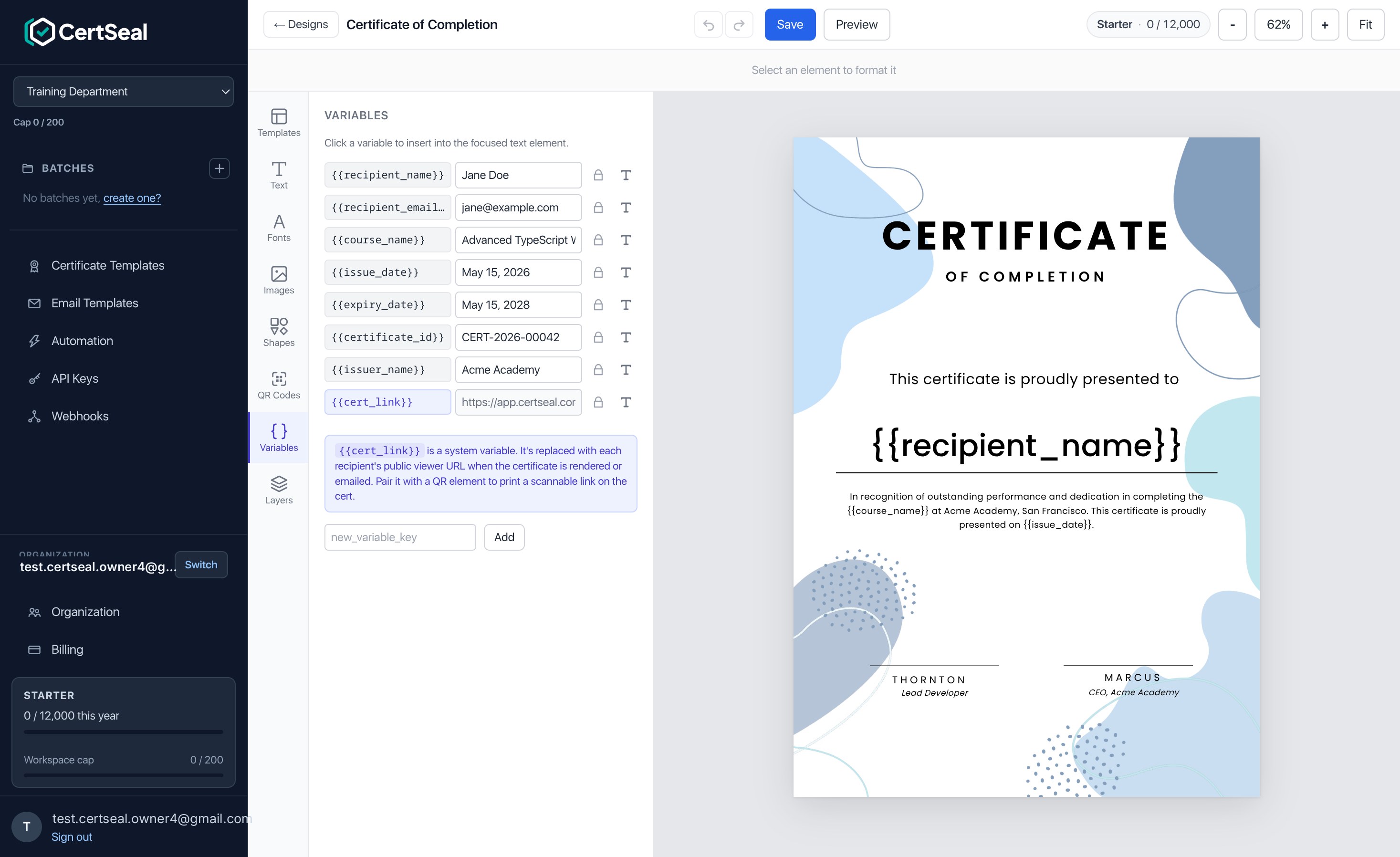 The Variables tab in the CertSeal design editor listing dynamic fields such as recipient_name, course_name, issue_date, and cert_link