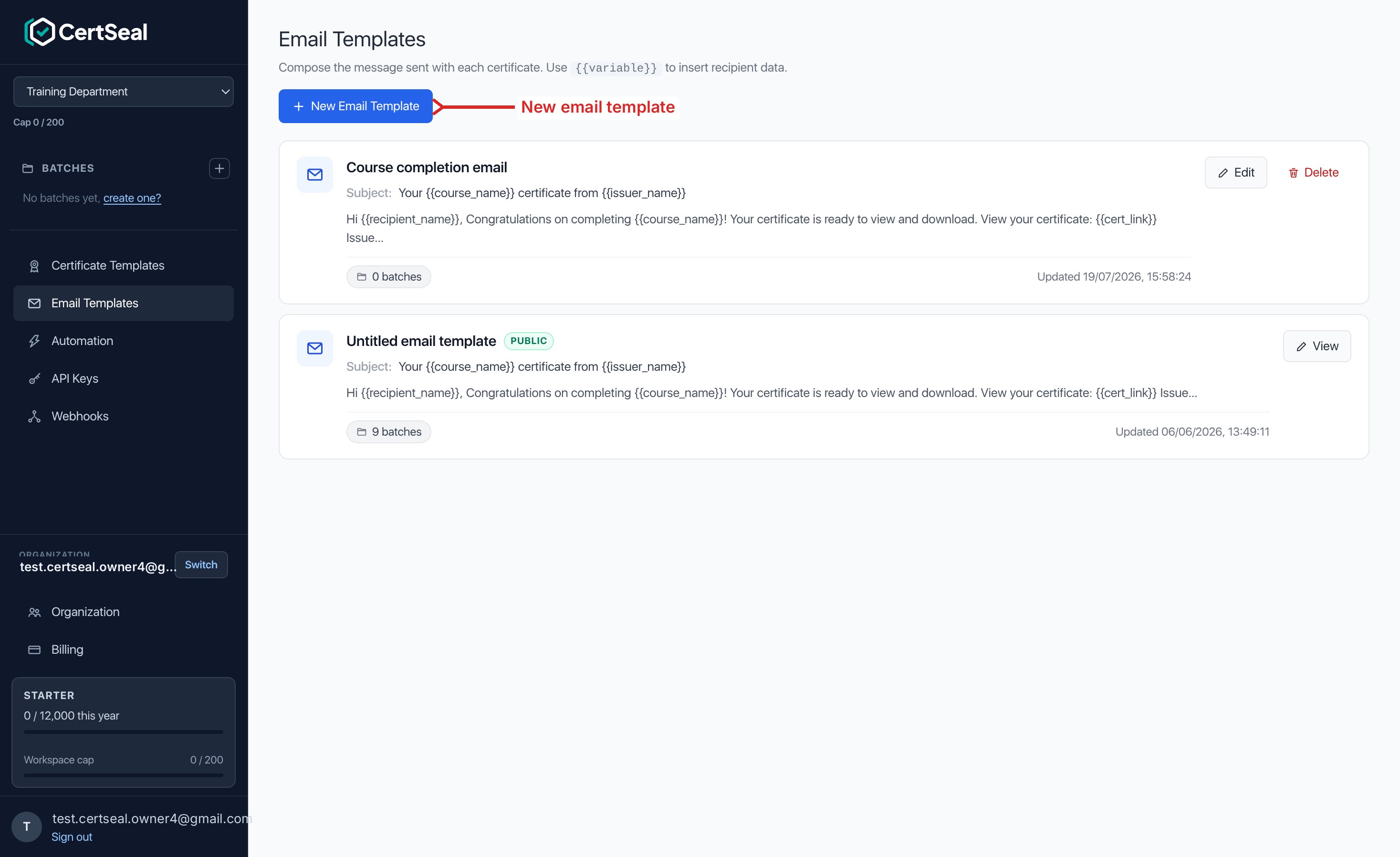 The CertSeal Email Templates page listing a custom template and a public template, with a red arrow pointing to the New Email Template button