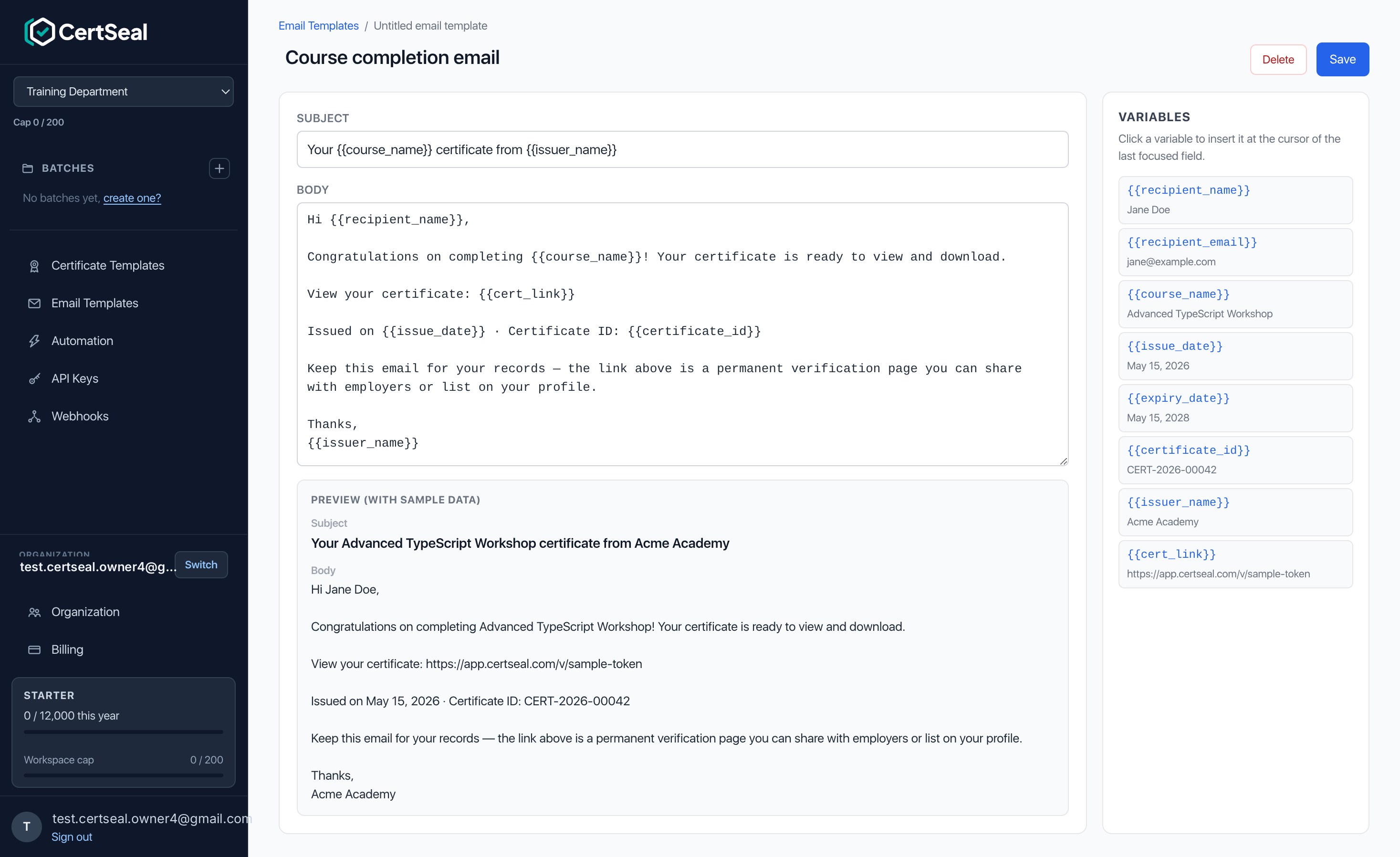 The CertSeal email template editor showing the subject and body fields, a variables sidebar, and a live preview rendered with sample data