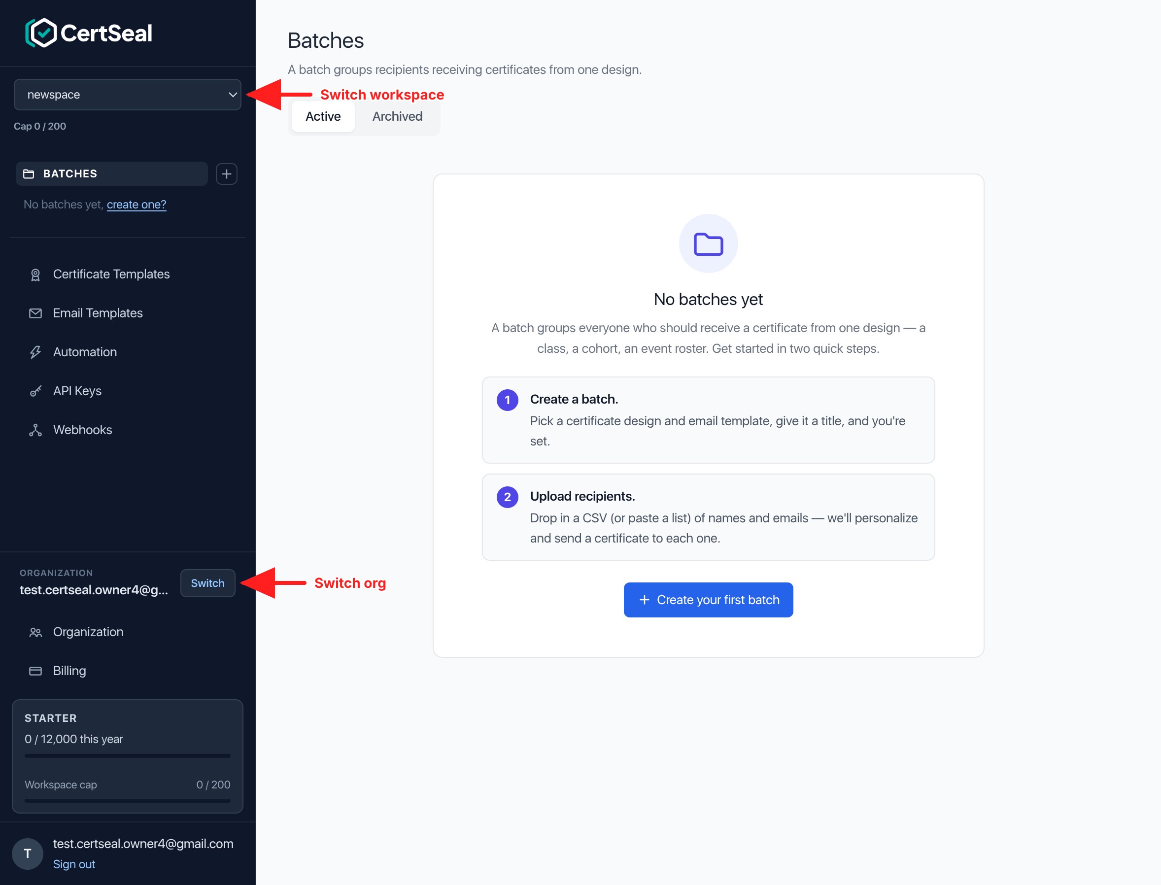 CertSeal sidebar showing the workspace dropdown, the Organization block with a Switch button, and the plan quota card