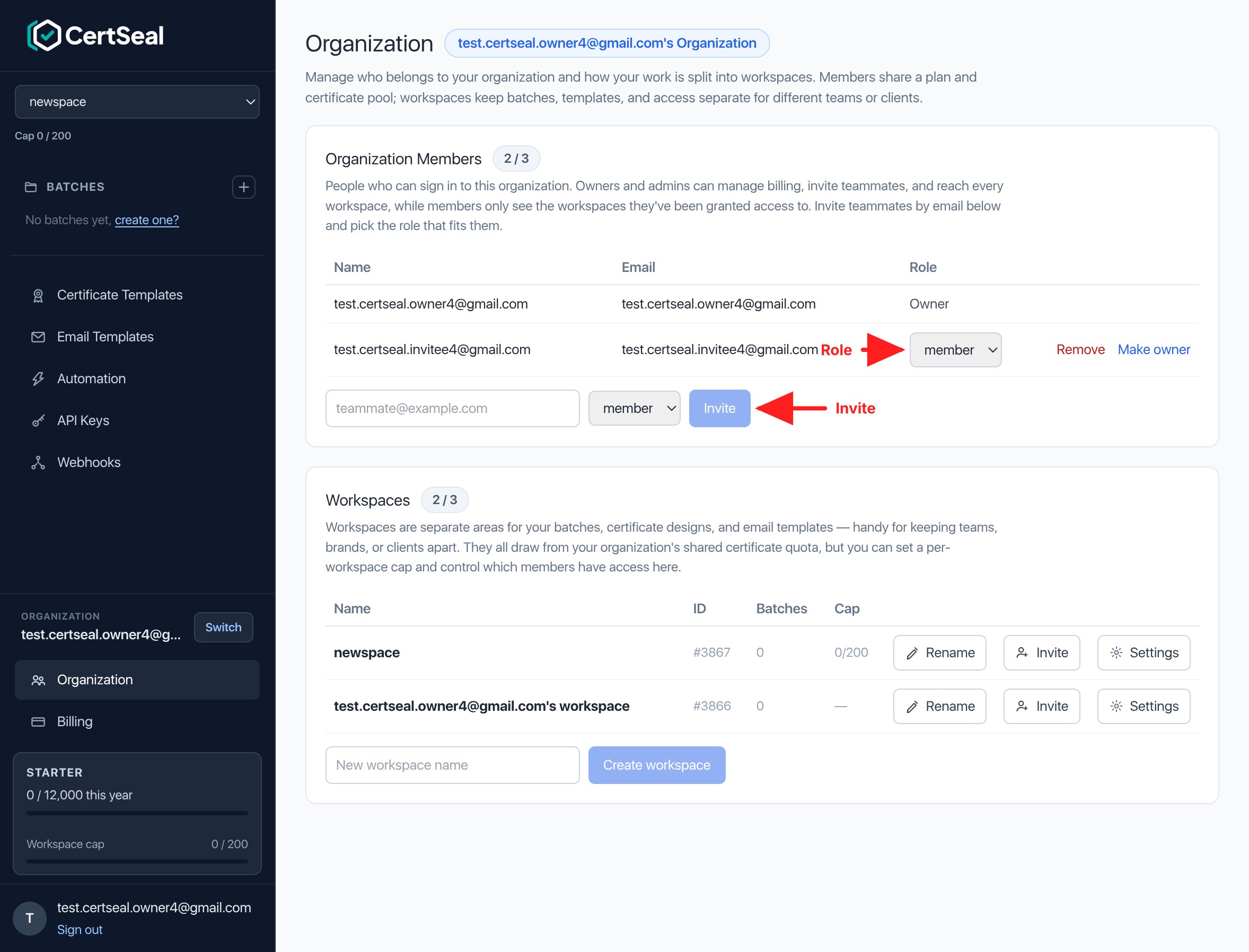 The CertSeal Organization page showing the Organization Members table and the Workspaces table