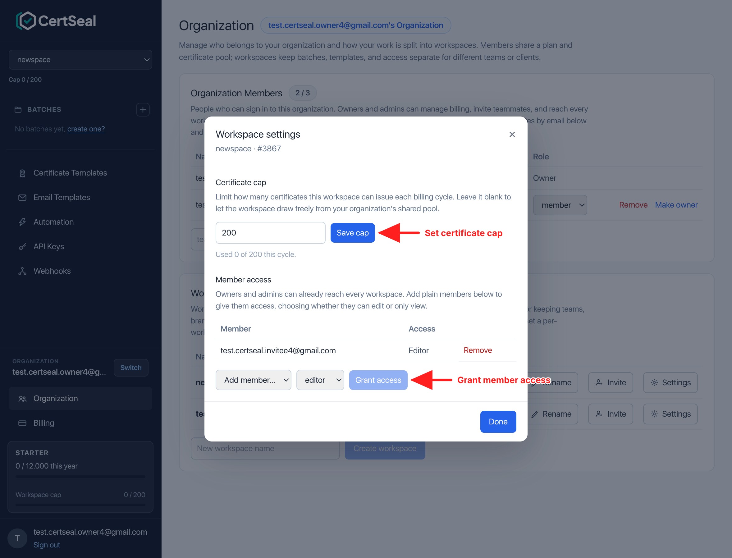 Workspace settings dialog showing the Certificate cap field and the Member access section with a granted member
