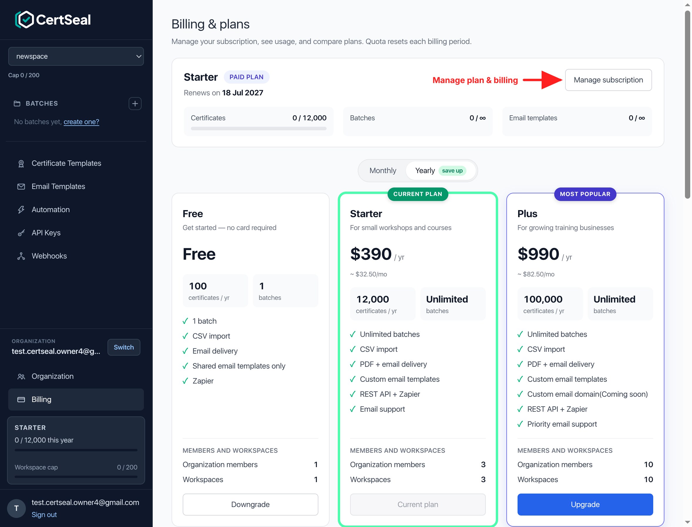The CertSeal Billing page showing the current plan, usage, plan comparison, and member and workspace limits per plan